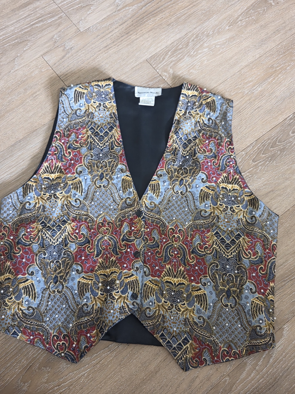 VTG 90s Nouveau Monde Beaded Vest | Ornate Batik Paisley Festival Waistcoat SZ L